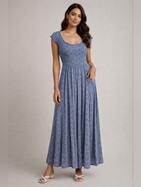 Blue Floral Cap-Sleeve Flowy Maxi Dress